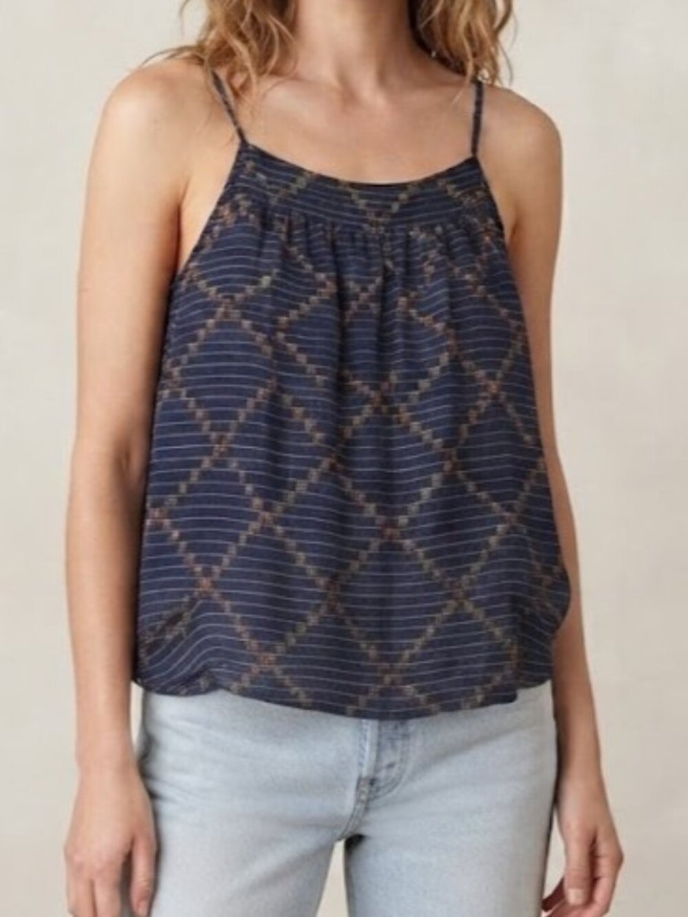 Isabel Marant Navy Blue Printed Double Spaghetti-Strap Silk Tank Top